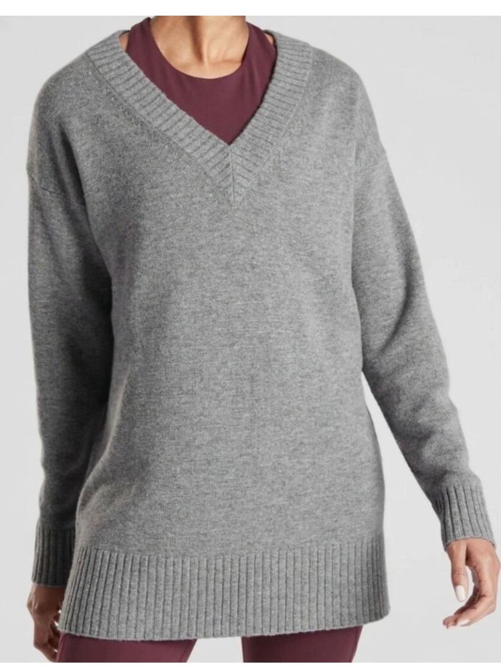 Athleta Wool Cashmere V-Neck Tunic Sweater, Grey Heather longline